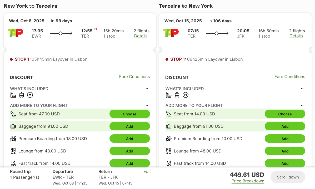 TAP sale EWR TER roundtrip July 2025