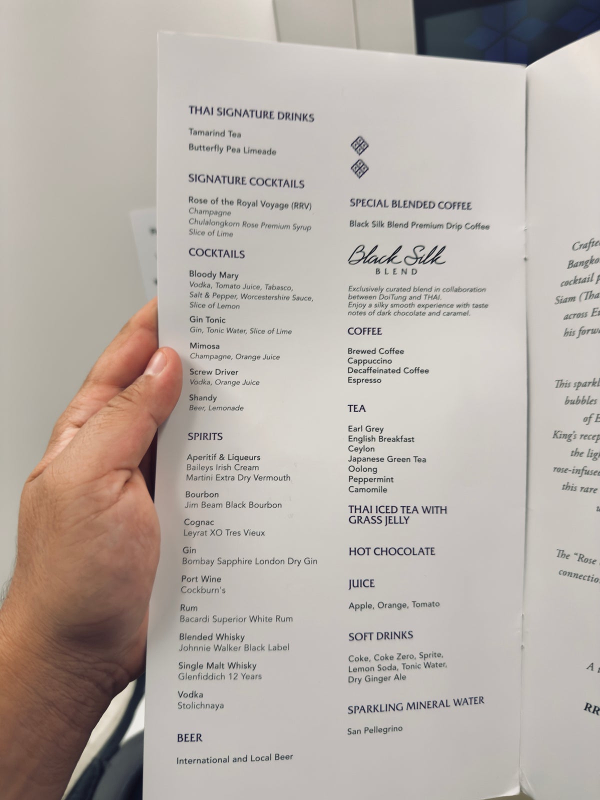 Thai Airways Royal Silk a350 900 business class beverage menu