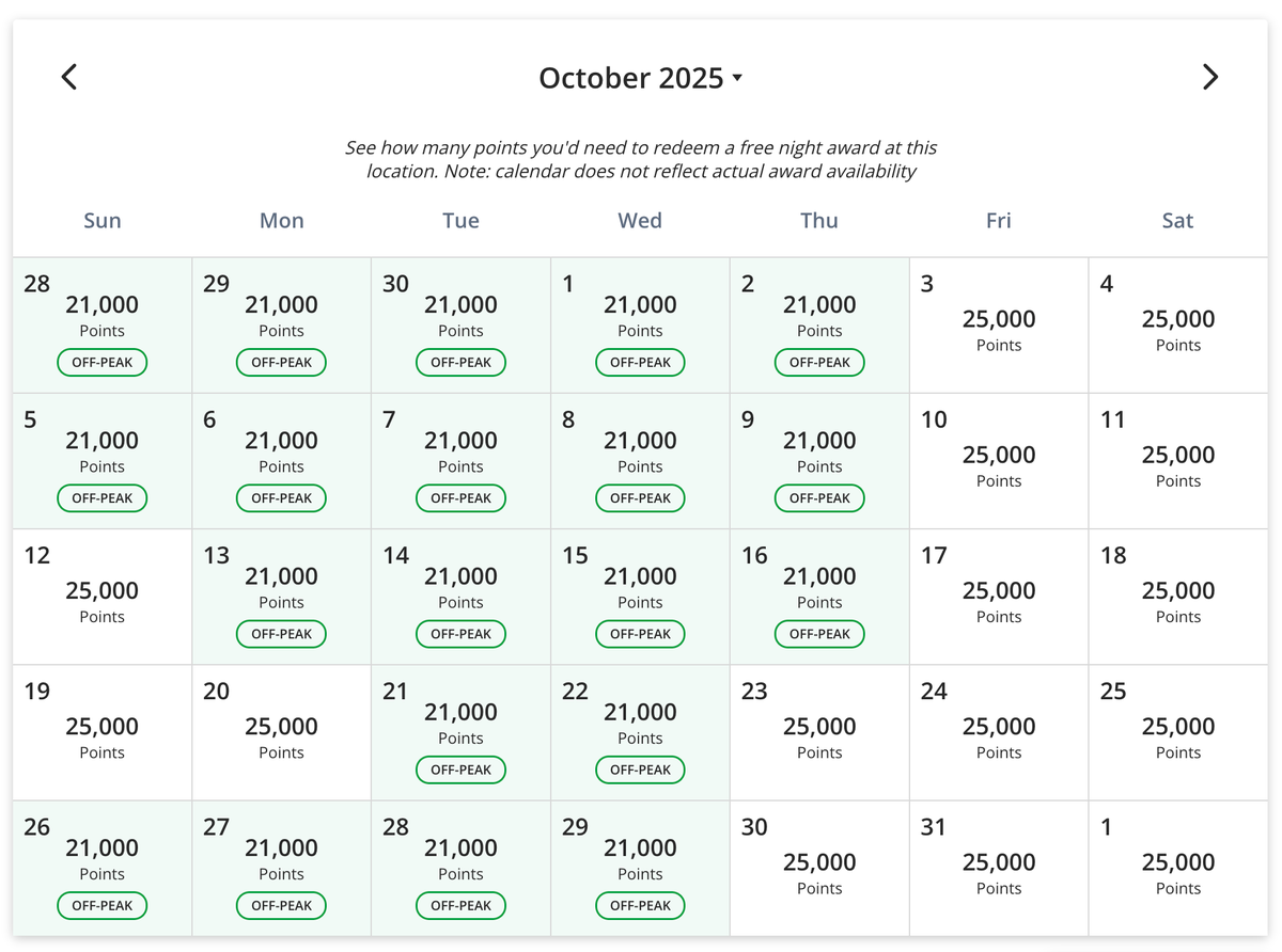 Thompson Miami Beach points calendar October 2025