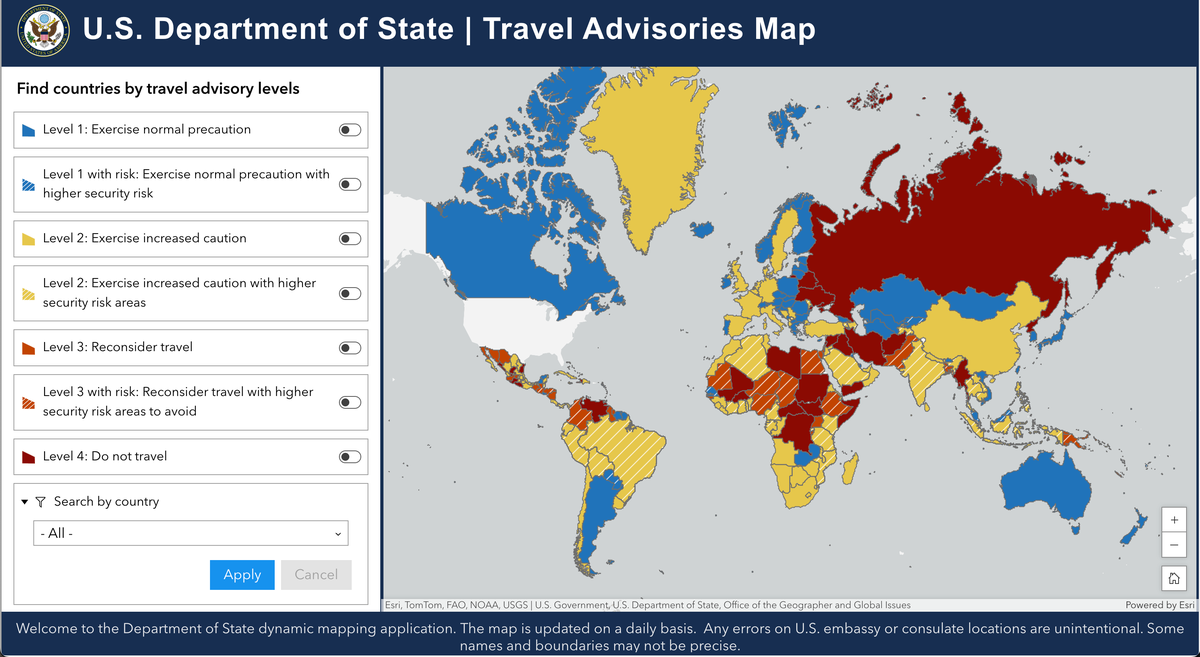 US State Department travel warnings map