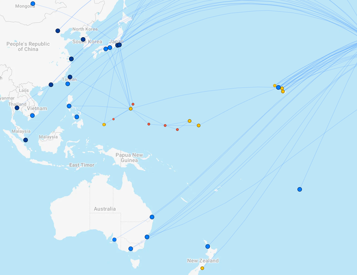 United Airlines Pacific destinations route map United Airlines Pacific destinations route map