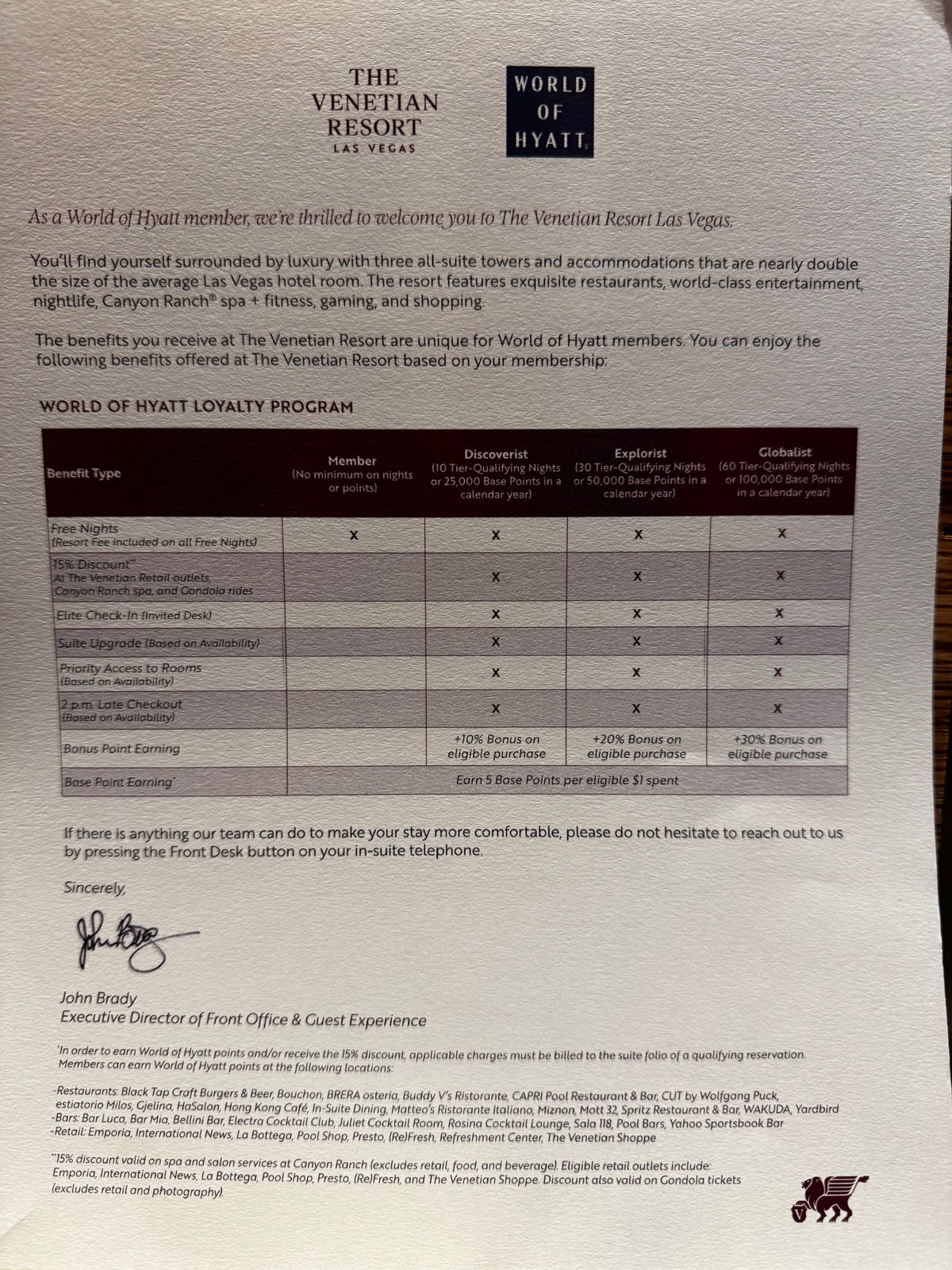 Venetian Palazzo Las Vegas Hyatt benefits letter