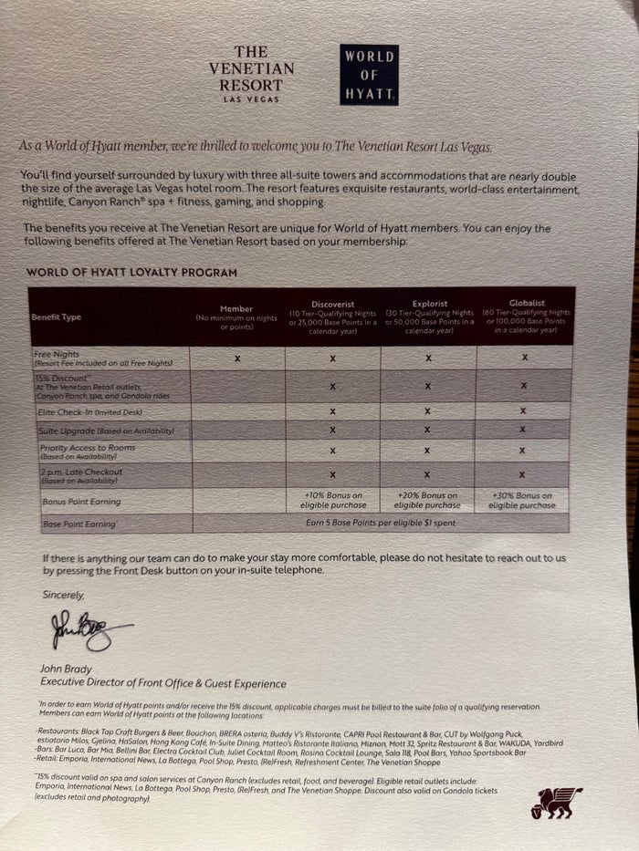 Venetian Palazzo Las Vegas Hyatt benefits letter Venetian Palazzo Las Vegas Hyatt benefits letter
