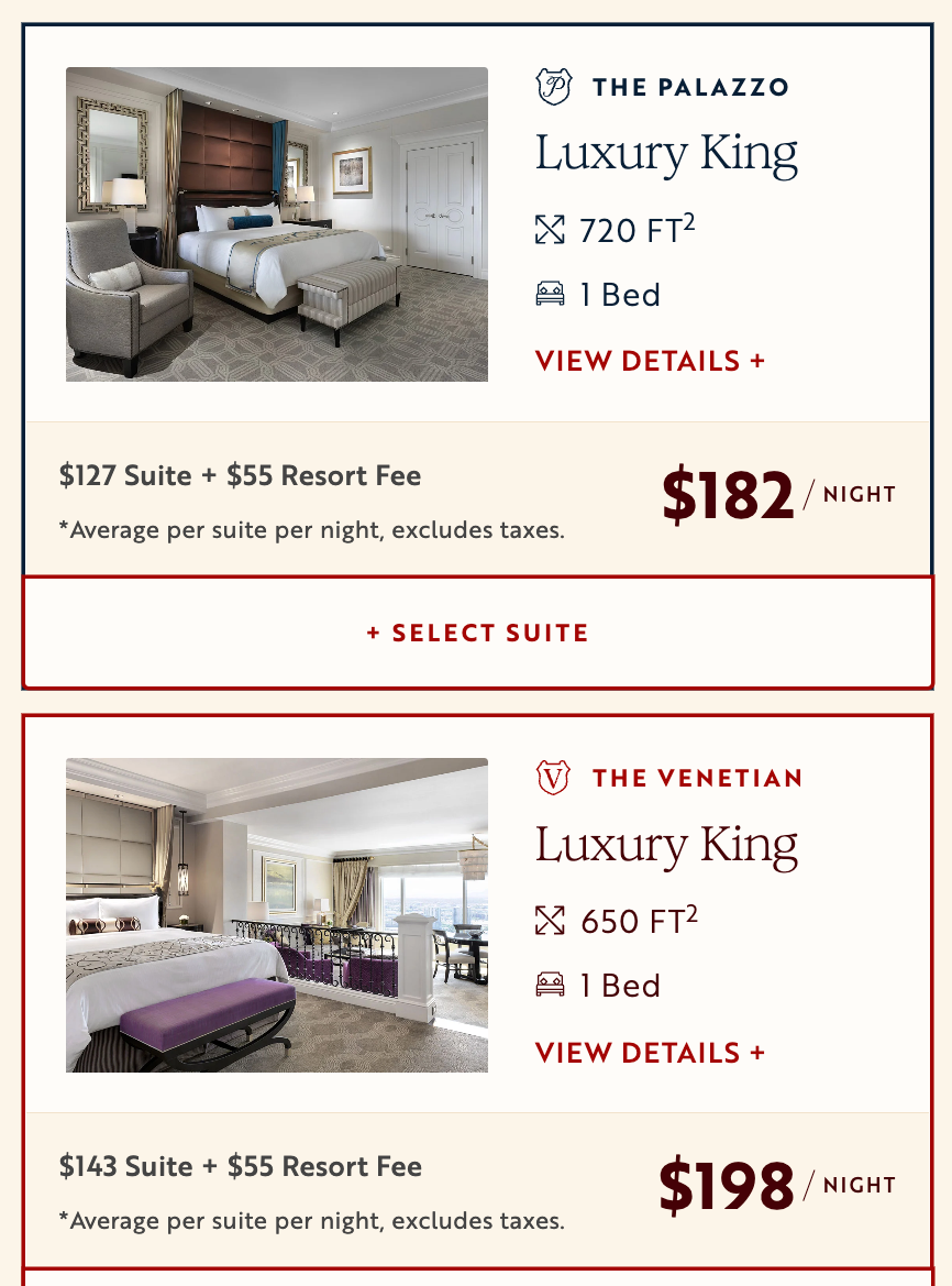 Venetian Palazzo price comparison