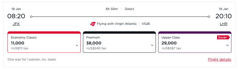 Virgin Atlantic Upper Class award JFK LHR Jan 2026