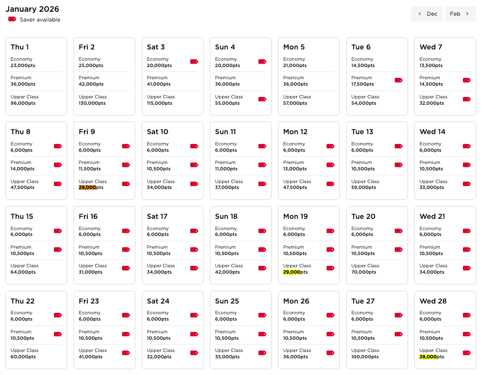 Virgin Atlantic award calendar Jan 2026 JFK LHR