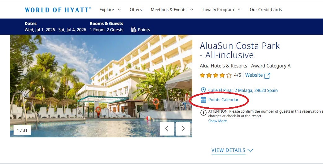 World of Hyatt Hotel Search Points Calendar