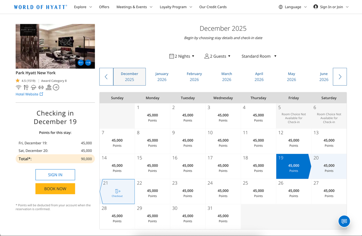 hyatt points calendar