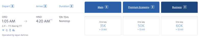 AA award JAL ORD HND business