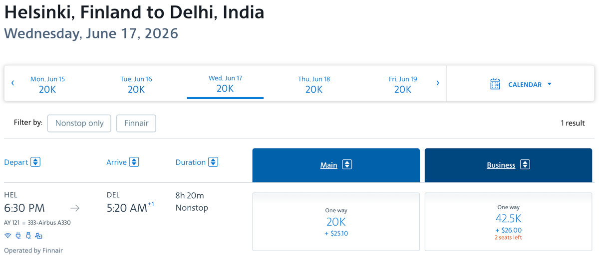 AA redemption HEL DEL Finnair business
