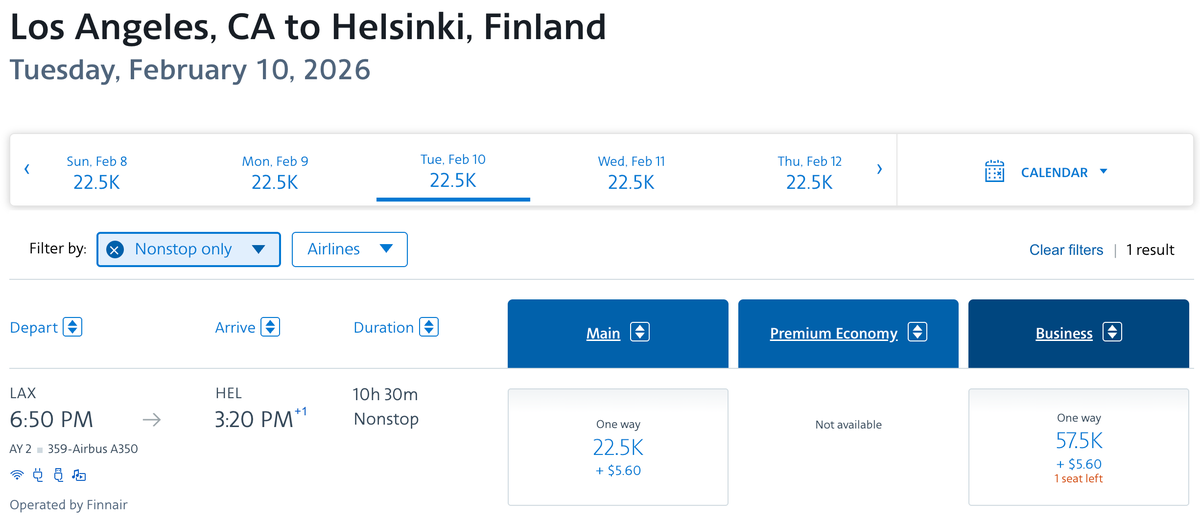 AA redemption LAX HEL Finnair business