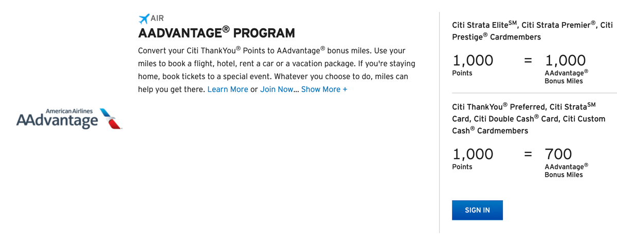 AAdvantage on Citi ThankYou Transfer Page