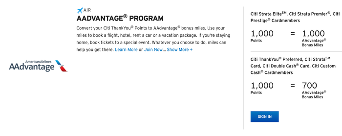 AAdvantage on Citi ThankYou Transfer Page