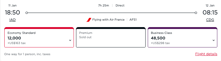 Air France biz class award on Virgin Atlantic