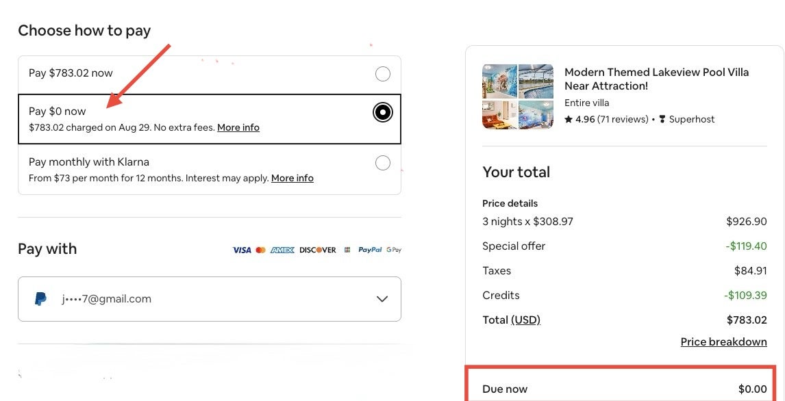 Airbnb Payment Option No Money Down