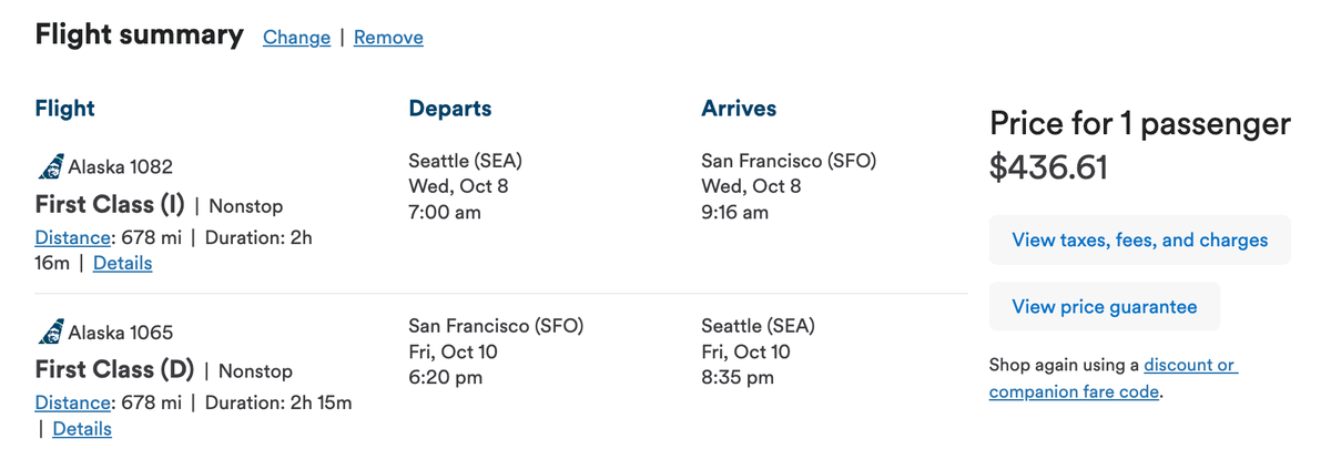 Alaska Airlines first class fare from Seattle to San Francisco