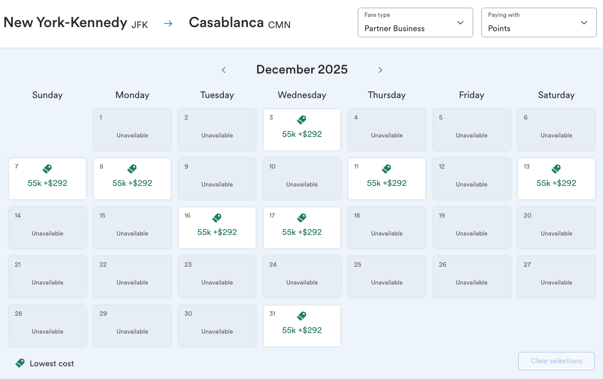 Alaska calendar JFK CMN December 2025