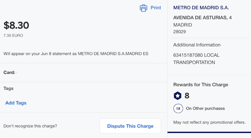 Amex Green 1x local transit purchase