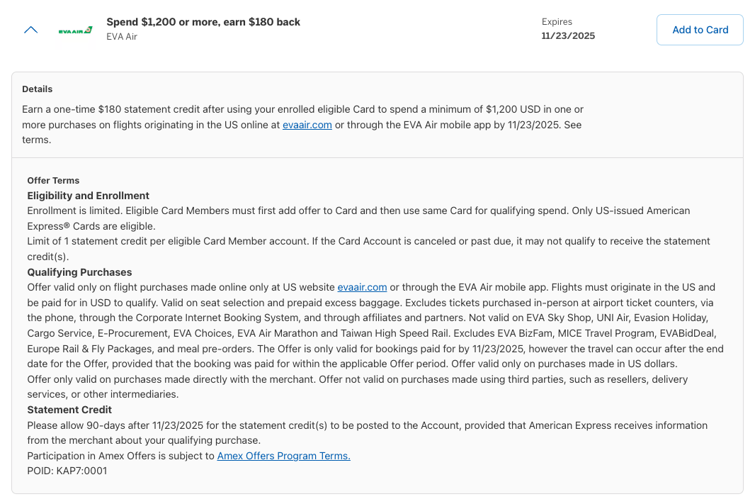 Amex Offer EVA Air November 2025