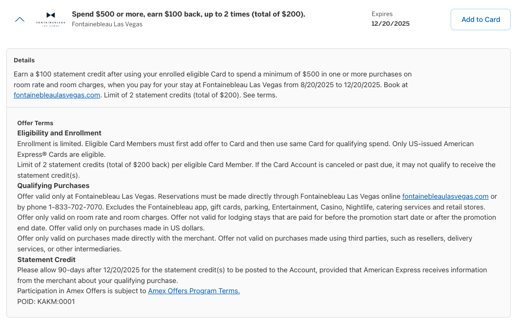 Amex Offer Fontainebleau August 2025