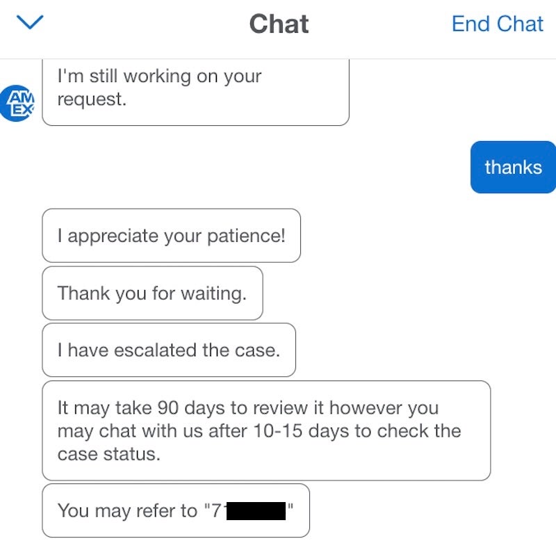 Amex chat missing points case