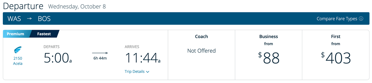 Amtrak DC Boston Acela fares