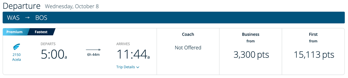 Amtrak DC Boston Acela points rates