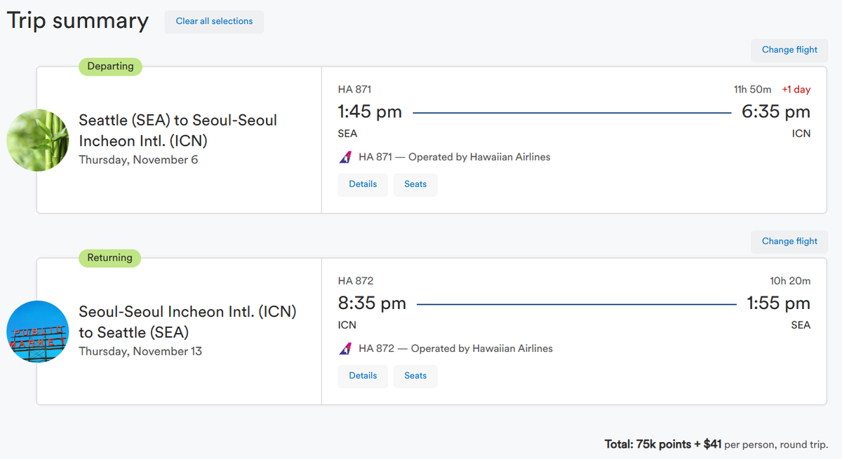 Atmos Rewards booking Hawaiian Airlines SEA to ICN