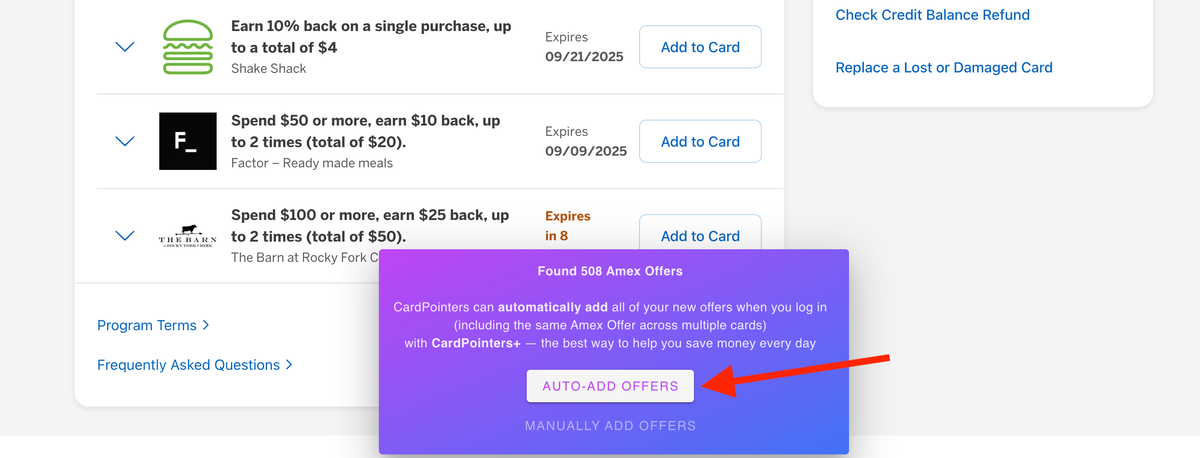Auto add Amex Offers with CardPointers
