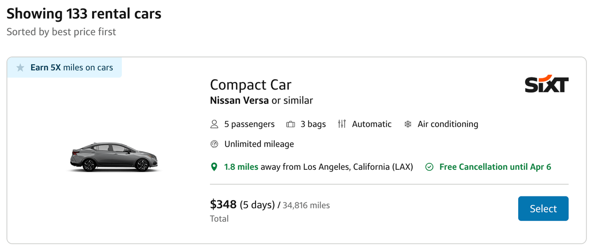 Capital One Travel LAX 5 day rental cheapest