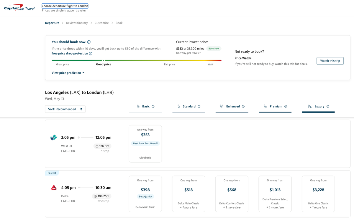 Capital One Travel LAX LHR booking advice
