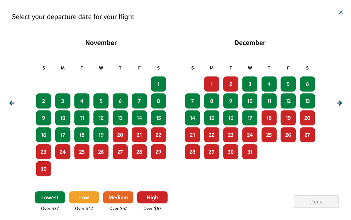 Capital One Travel color coded flights calendar