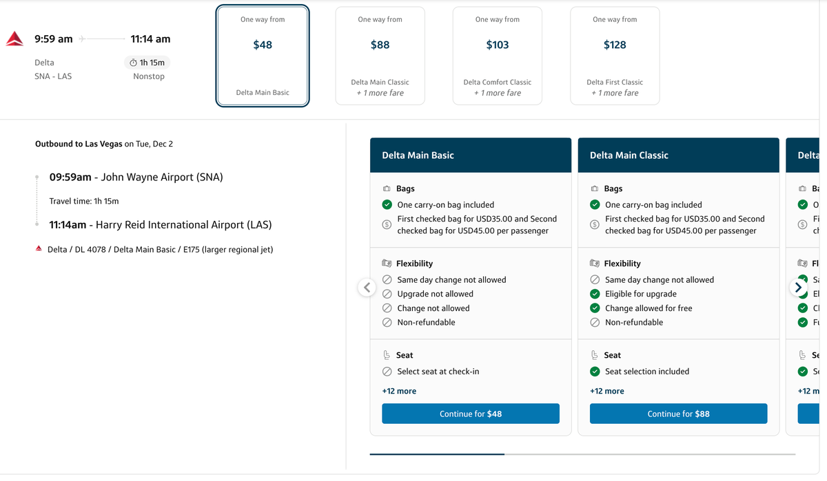 Capital One Travel flight fare options