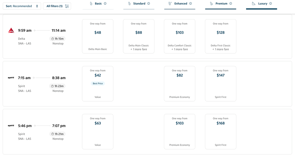 Capital One Travel flight results