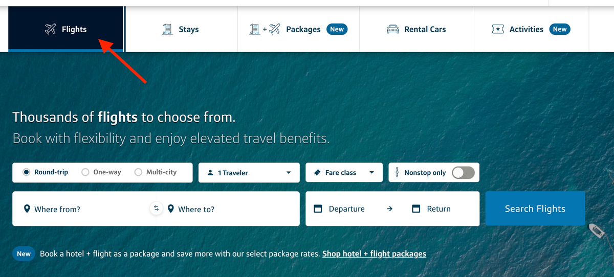 Capital One Travel flights search page highlighted