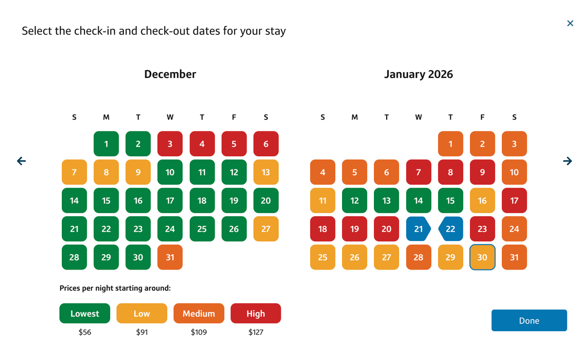 Capital One Travel stays color calendar