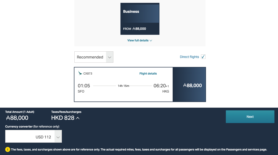 Cathay SFO HKG award pricing
