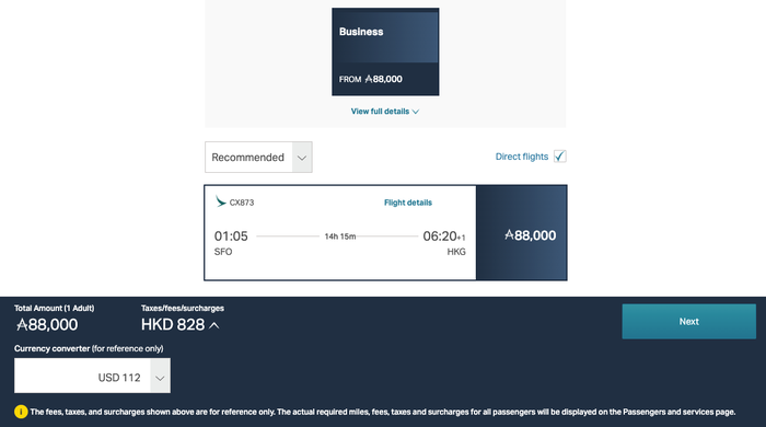 Cathay SFO HKG award pricing Cathay SFO HKG award pricing