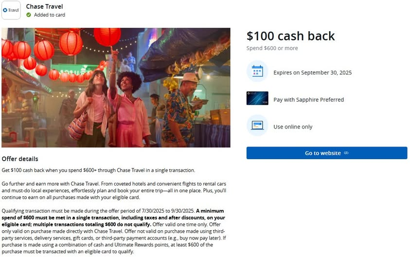 Chase Offer Chase Travel August 2025