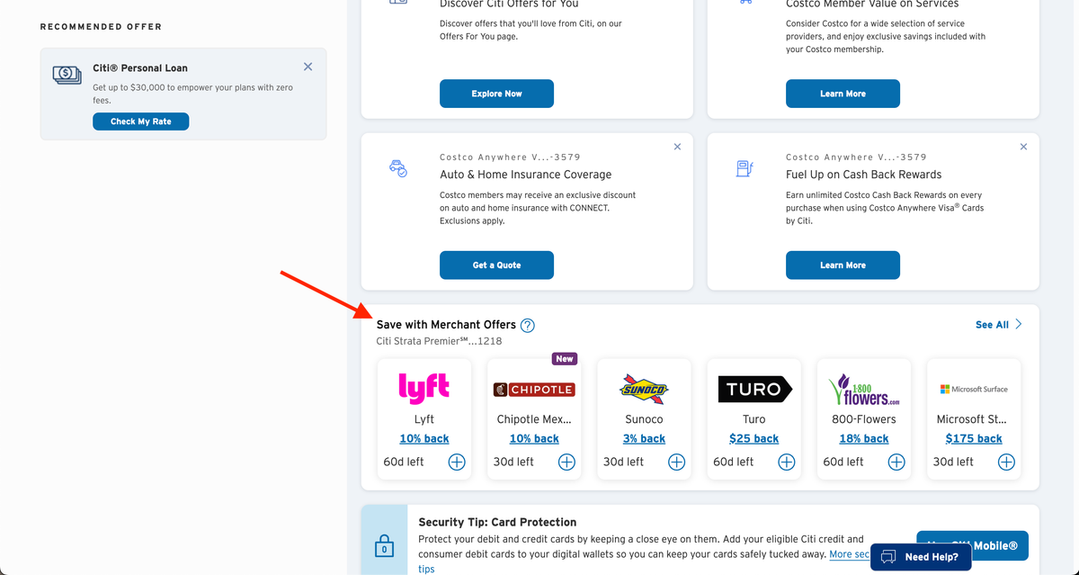 Citi Merchant Offers dashboard location