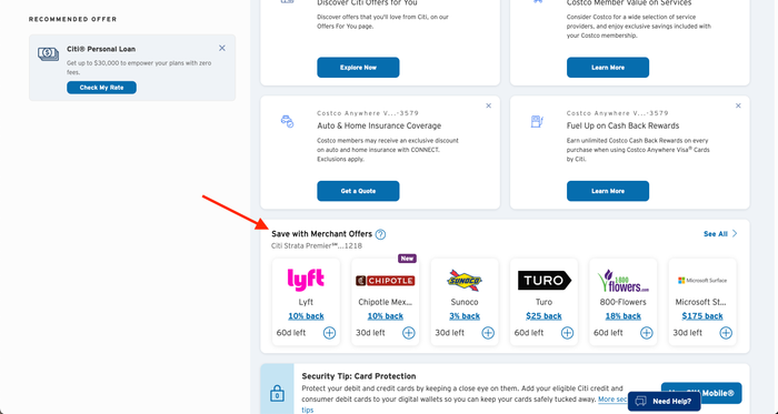 Citi Merchant Offers dashboard location