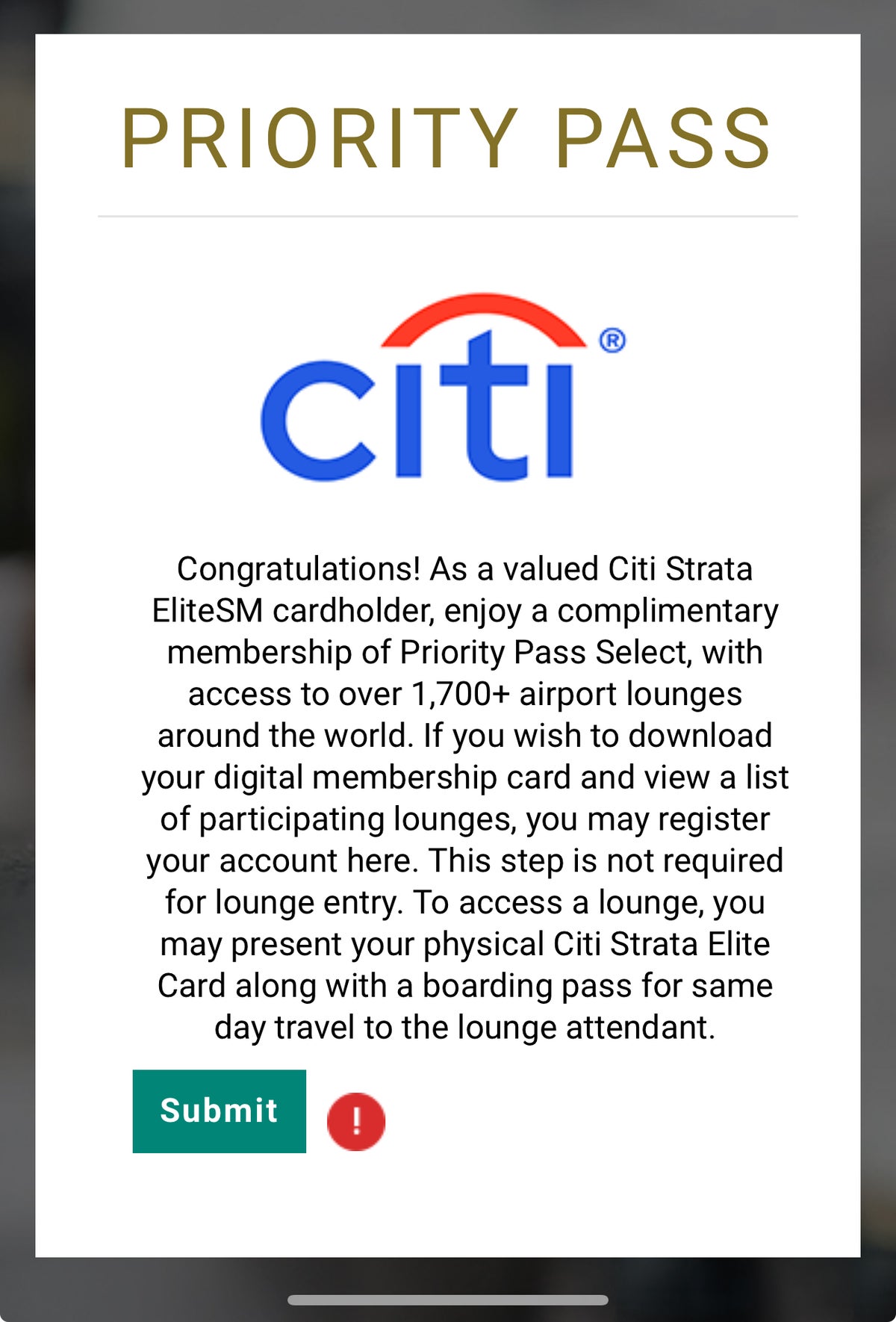 Citi Starta Elite Priority Pass