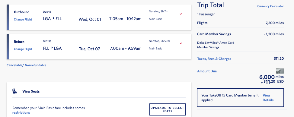 Delta skymiles award FLL LGA