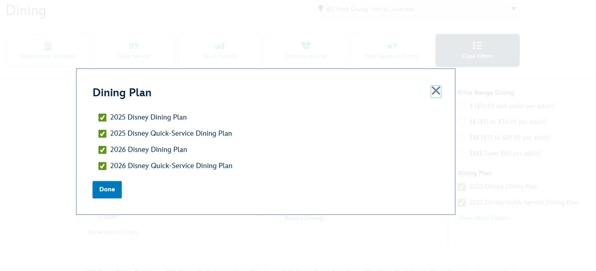 Disney World dining plan filters