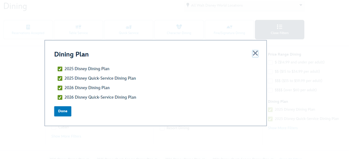 Disney Dining filters Disney World dining plan filters