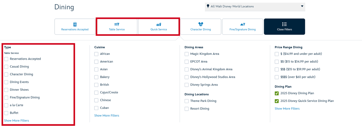 Disney World dining type filters