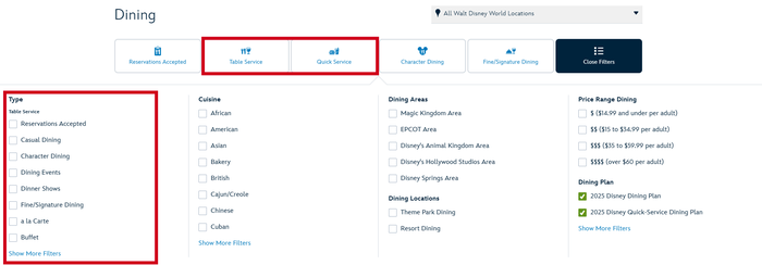 Disney World dining type filters Disney World dining type filters