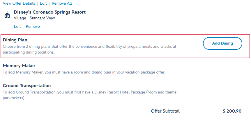 Disney World resort booking add dining plan