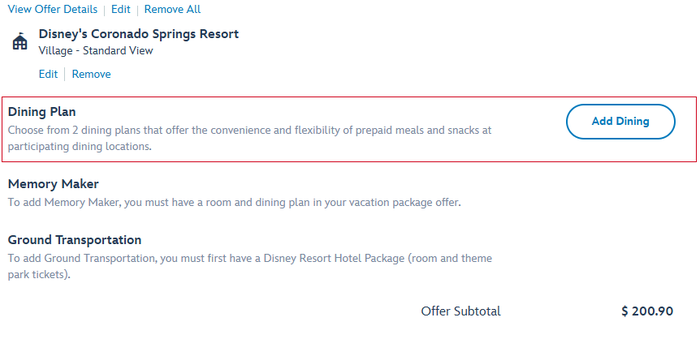 Disney World resort booking add dining plan Disney World resort booking add dining plan
