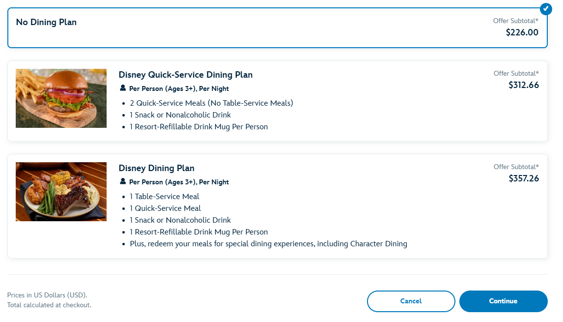 Disney dining plan options at booking